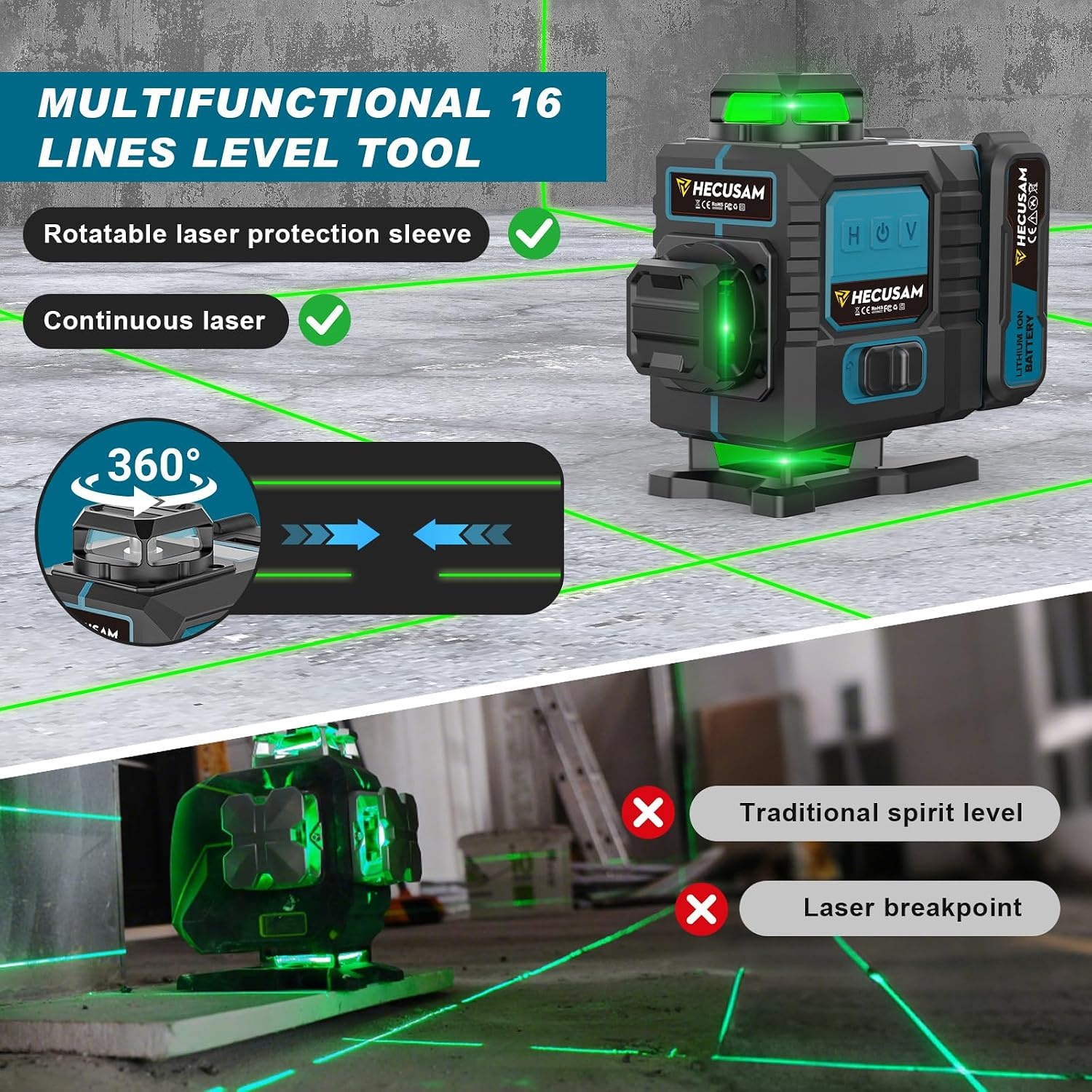 Cross Line Laser with Tripod, 4 x 360° Self-Levelling Laser Spirit Level, Flawless Line Laser with 360° Rotation Window, 30 m ± 0.2 mm/m, with 2 x 4000 mAh Battery, LED Display/App/Remote Control