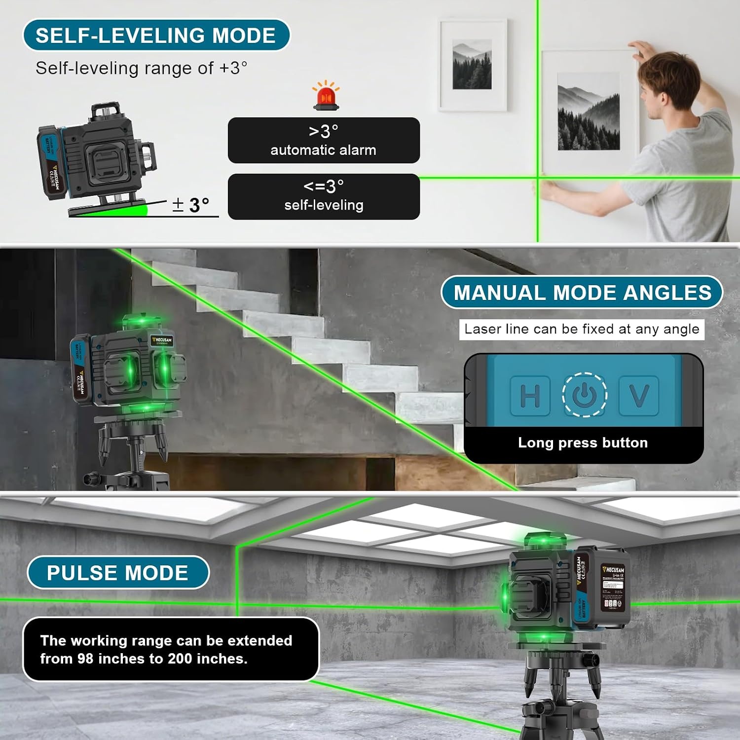Cross Line Laser with Tripod, 4 x 360° Self-Levelling Laser Spirit Level, Flawless Line Laser with 360° Rotation Window, 30 m ± 0.2 mm/m, with 2 x 4000 mAh Battery, LED Display/App/Remote Control