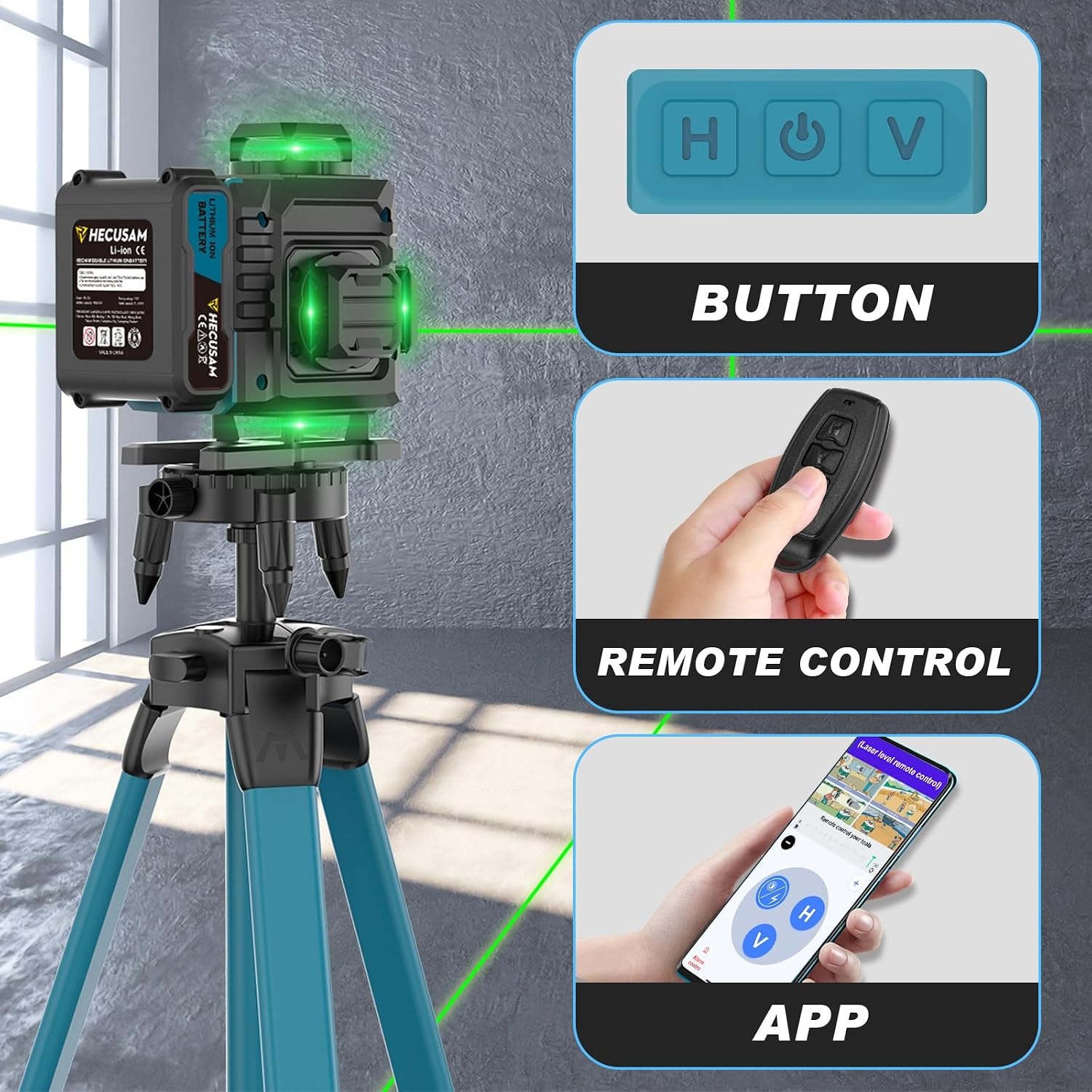 Cross Line Laser with Tripod, 4 x 360° Self-Levelling Laser Spirit Level, Flawless Line Laser with 360° Rotation Window, 30 m ± 0.2 mm/m, with 2 x 4000 mAh Battery, LED Display/App/Remote Control
