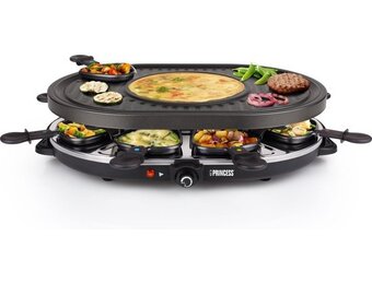 Princess Gourmetstel 162700 - Raclette Oval Grill Party - Speciaal crêpegedeelte - 8 personen - 43 x 30 cm - 2 meter snoer - 1200W - Regelebare thermostaat - 8 pannetjes