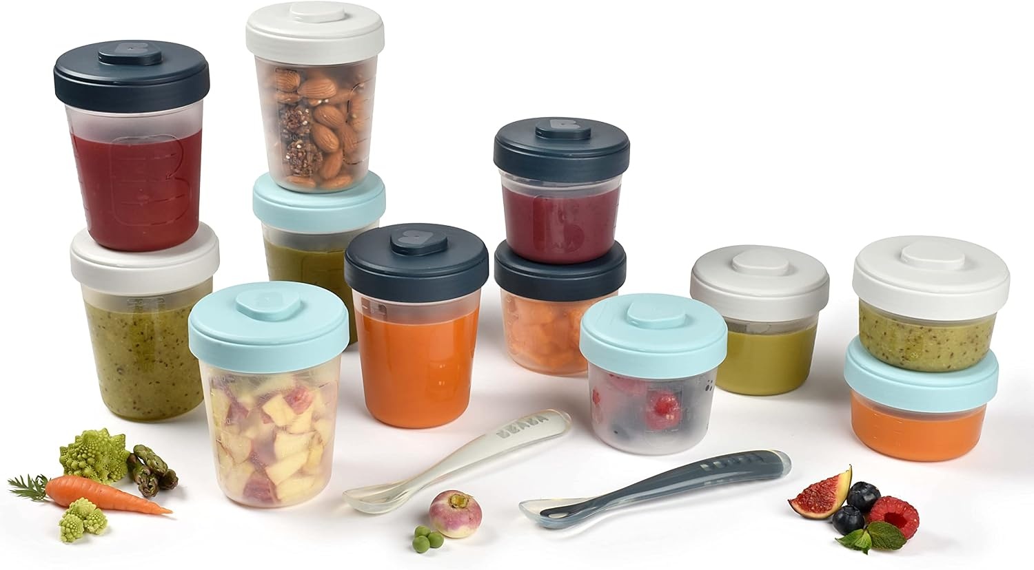 BÉABA Bewaarbakjes Set 12-delig met 2 Siliconen Lepels - Storm - 90ml, 150ml en 250ml