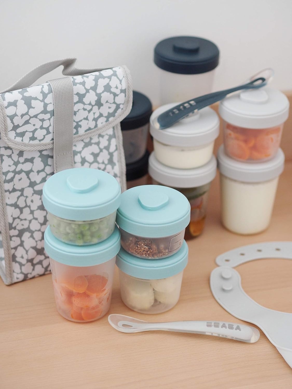 BÉABA Bewaarbakjes Set 12-delig met 2 Siliconen Lepels - Storm - 90ml, 150ml en 250ml