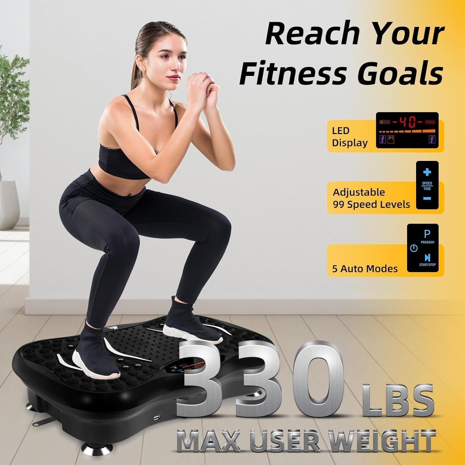 AGM Power Plate Gym Fitness Machine with Bluetooth Speaker Unisex Vibration Trainer for Weight Loss & Body Toning 21LB, [Black/3 Modes]