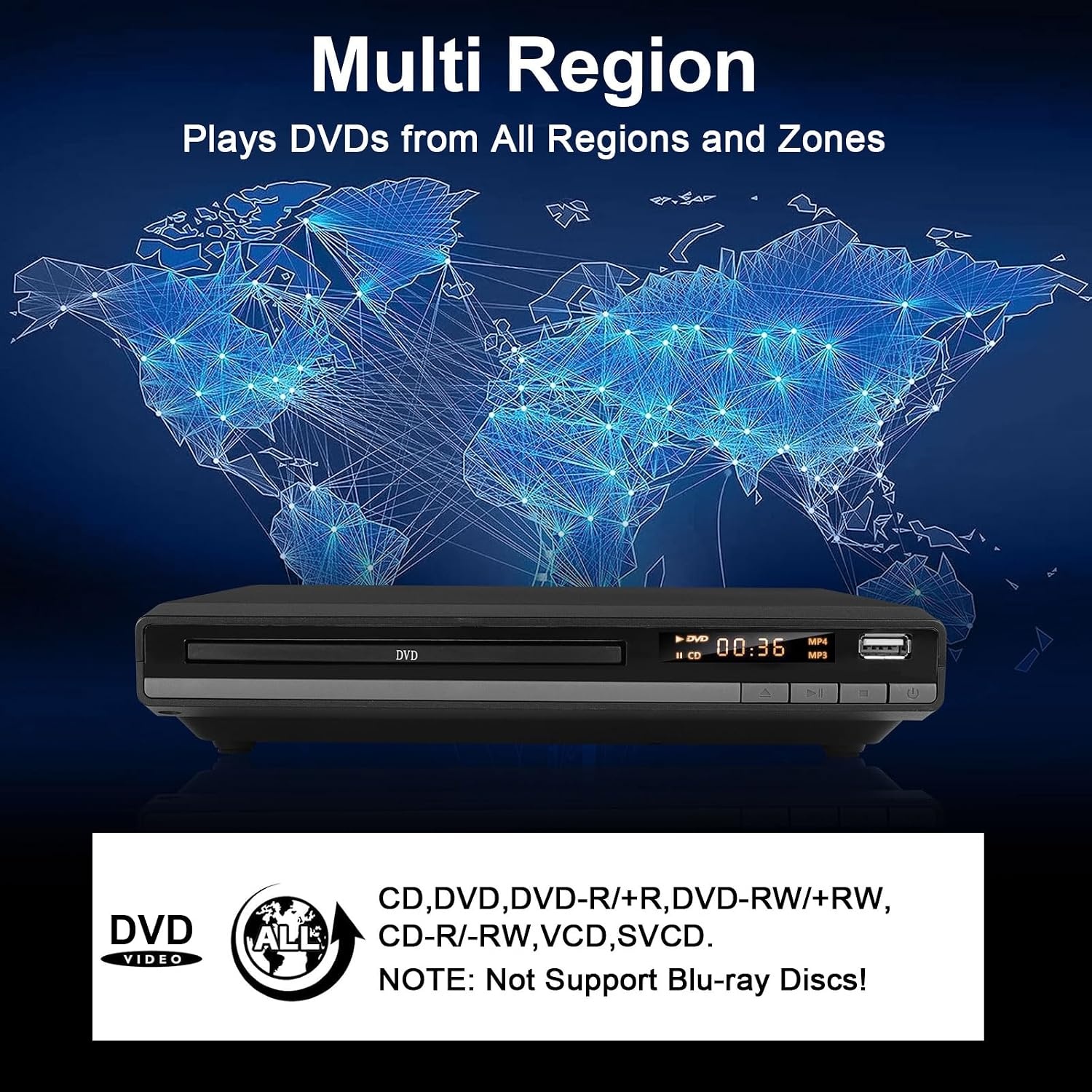 Regiovrije DVD-speler met 1080P, HDMI & USB - 34% Korting!