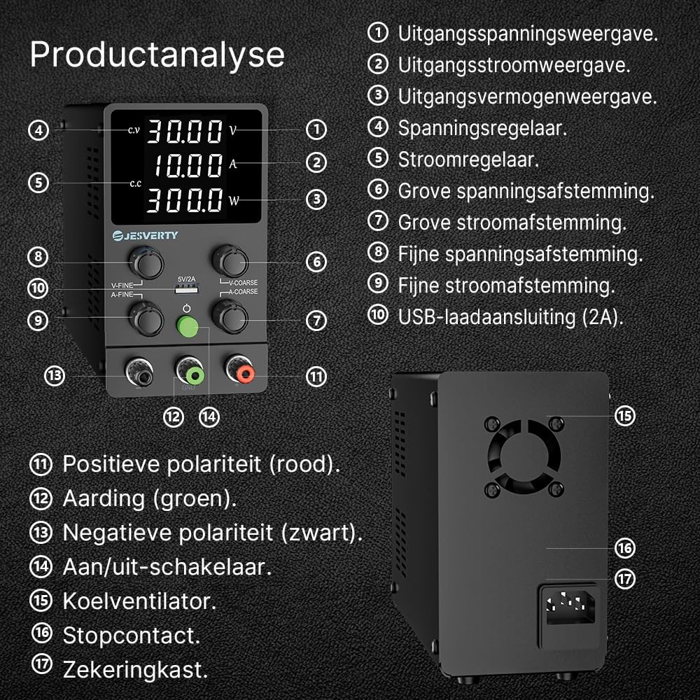 Variabele Laboratoriumvoeding 0-30V/0-10A met USB & LED-display (34% korting)
