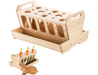 Houten hooiruf voor konijnen, grote voederbak met wortelhouder, 30 x 22 x 18 cm, hooirui, konijnen van natuurlijk hout, zelfvoeding voor cavia's, hamsters, hazen, kleine dieren