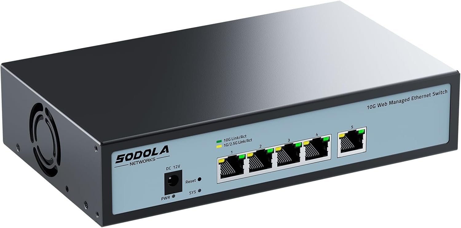 SODOLA 5 Port 10 Gbit Easy Web Managed Switch - 5 x 10 GBase-T Ports with LACP, QoS, VLAN & IGMP, 10Gb Switch for Network Management