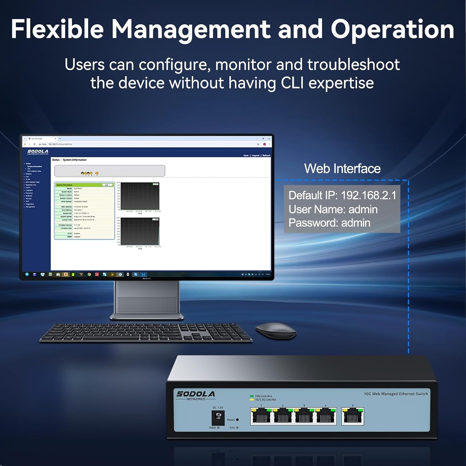 SODOLA 5 Port 10 Gbit Easy Web Managed Switch - 5 x 10 GBase-T Ports with LACP, QoS, VLAN & IGMP, 10Gb Switch for Network Management