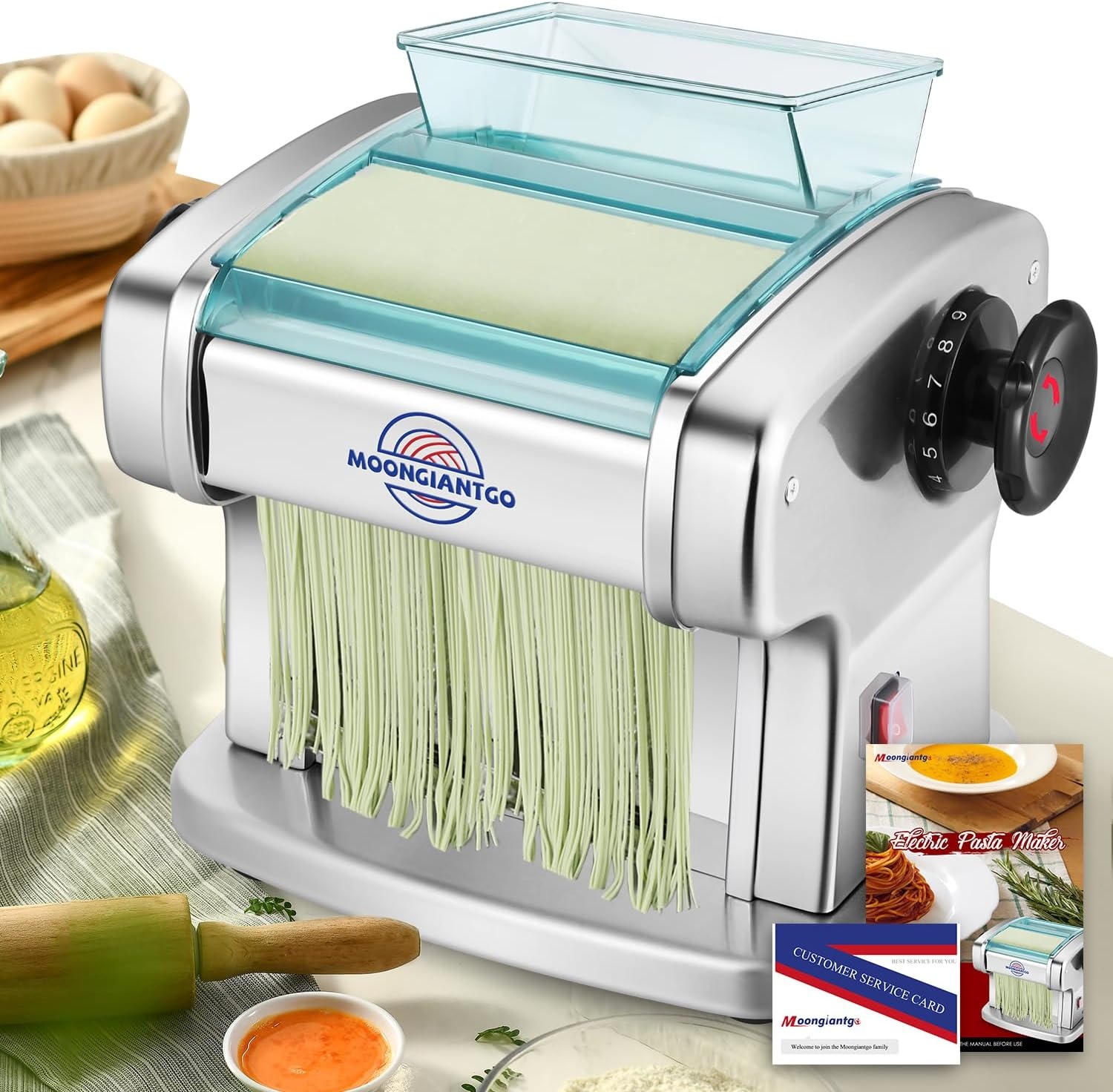 Moongiantgo Pastamachine elektrisch roestvrij staal met 9 instelbare dikte 0,5-3 mm voor lasagne, ravioli, spaghetti en tagliatelle - maak verse pasta in 20 minuten (pastagrootte: 2,5 mm, 4 mm)