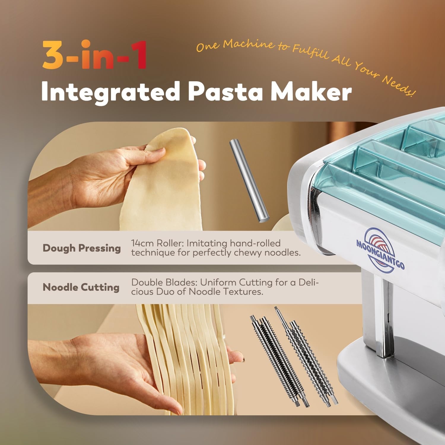 Moongiantgo Pastamachine elektrisch roestvrij staal met 9 instelbare dikte 0,5-3 mm voor lasagne, ravioli, spaghetti en tagliatelle - maak verse pasta in 20 minuten (pastagrootte: 2,5 mm, 4 mm)