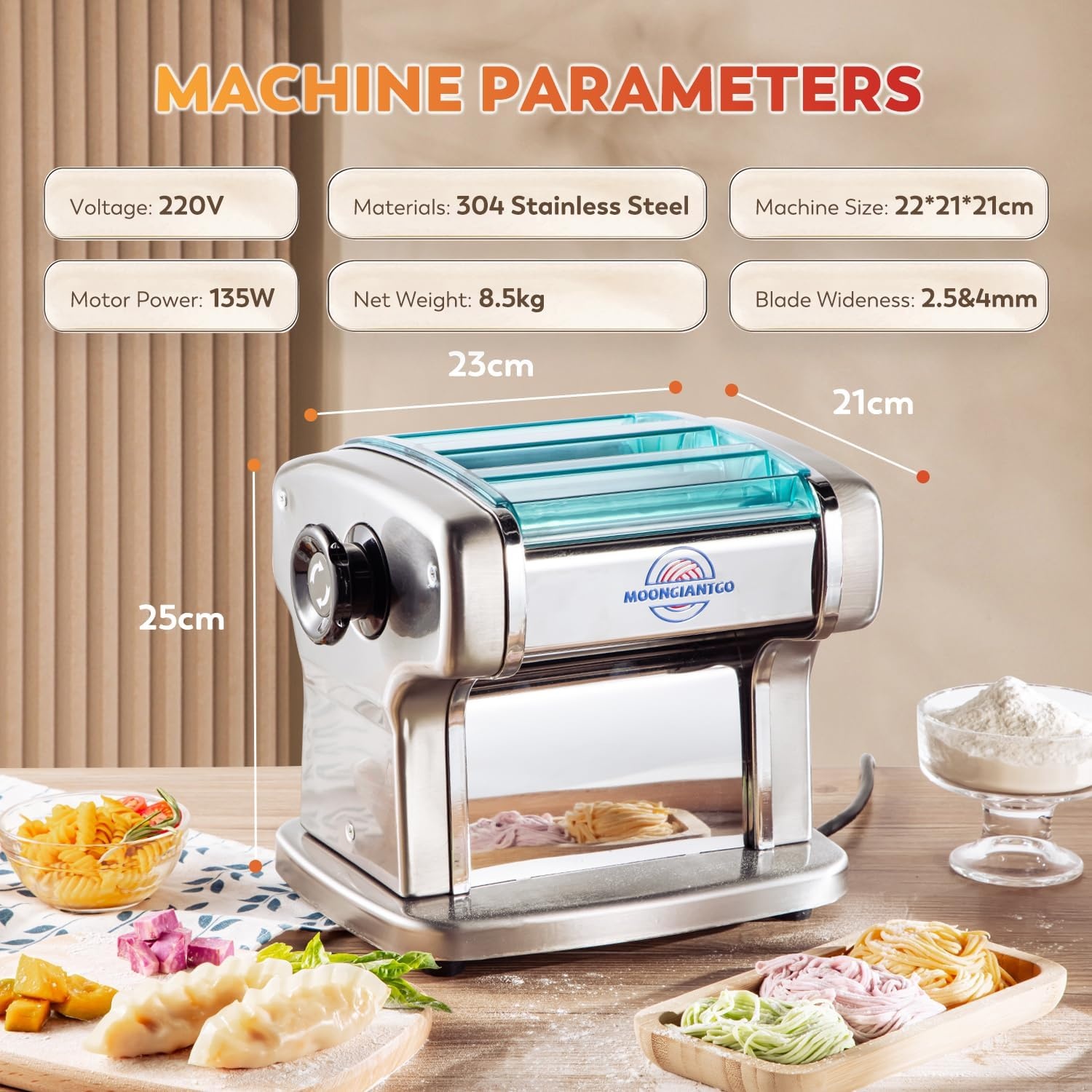 Moongiantgo Pastamachine elektrisch roestvrij staal met 9 instelbare dikte 0,5-3 mm voor lasagne, ravioli, spaghetti en tagliatelle - maak verse pasta in 20 minuten (pastagrootte: 2,5 mm, 4 mm)