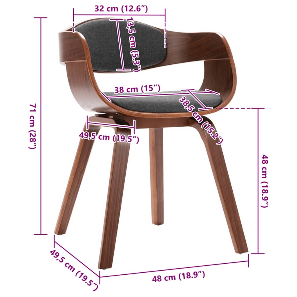 vidaXL Eetkamerstoelen 2 st gebogen hout en stof grijs