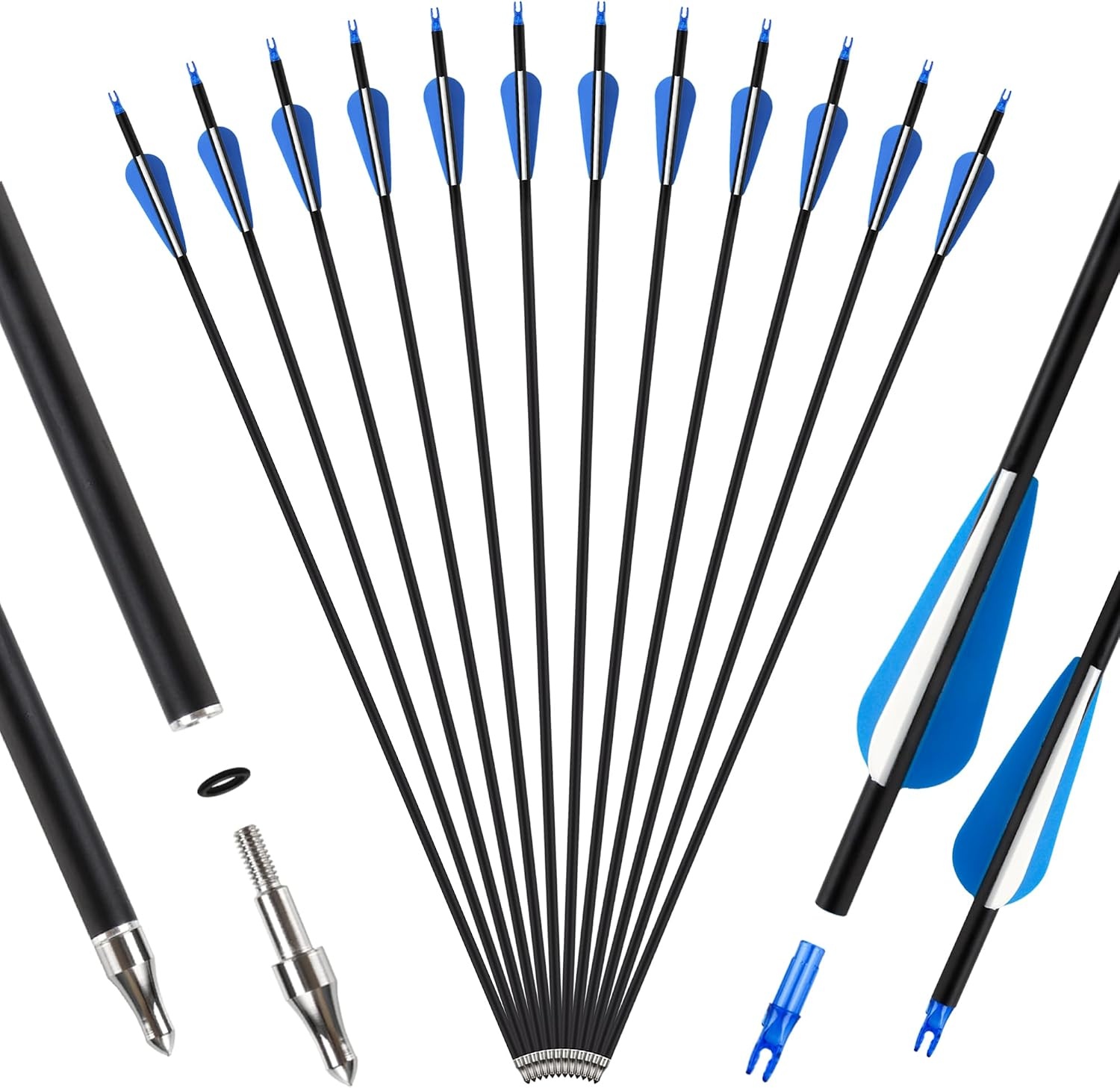 12Pcs 30" Carbon Archery Arrows, Spine Matched for Hunting & Target Practice with Compound & Recurve Bows, Carbon Shaft and Removable Tips