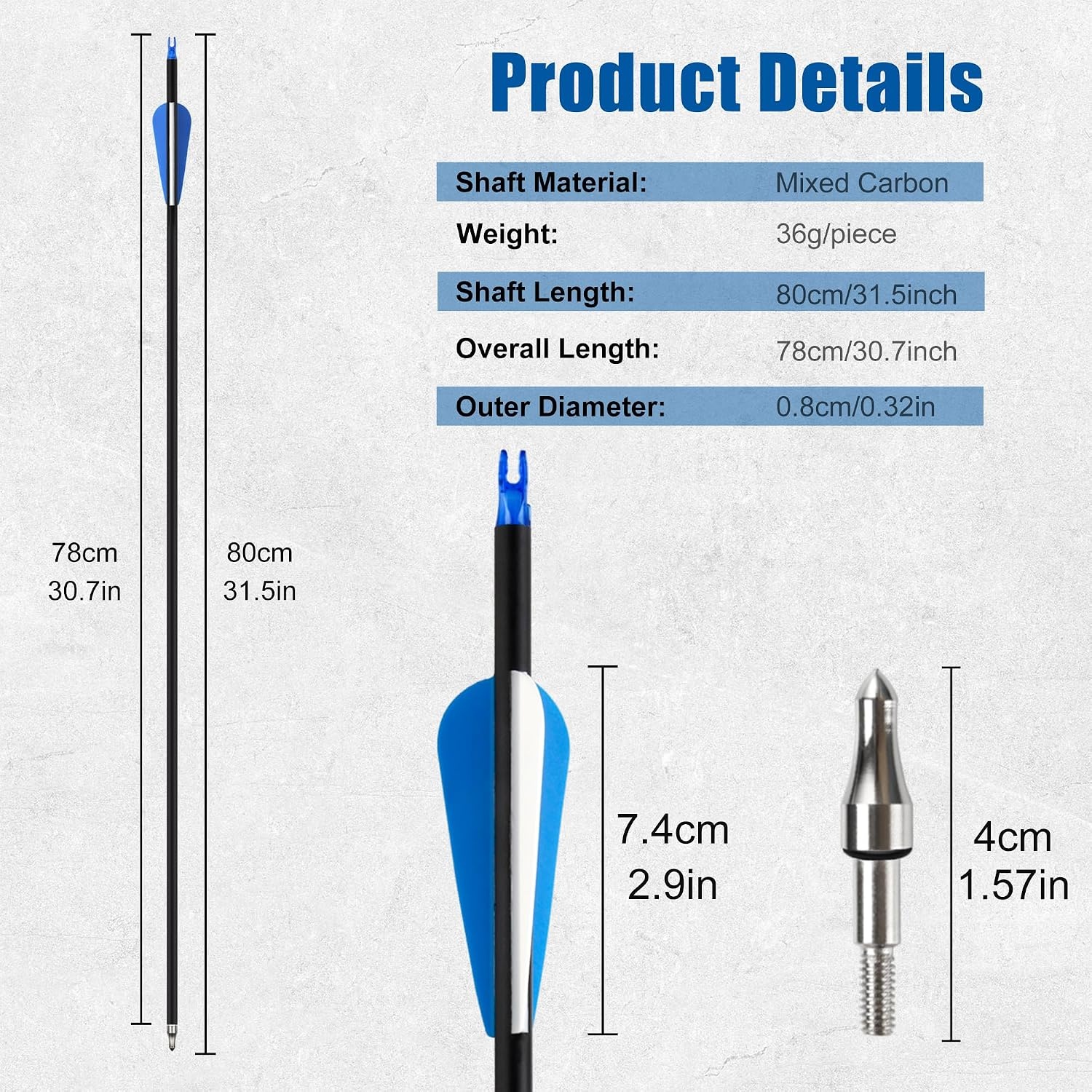 12Pcs 30" Carbon Archery Arrows, Spine Matched for Hunting & Target Practice with Compound & Recurve Bows, Carbon Shaft and Removable Tips