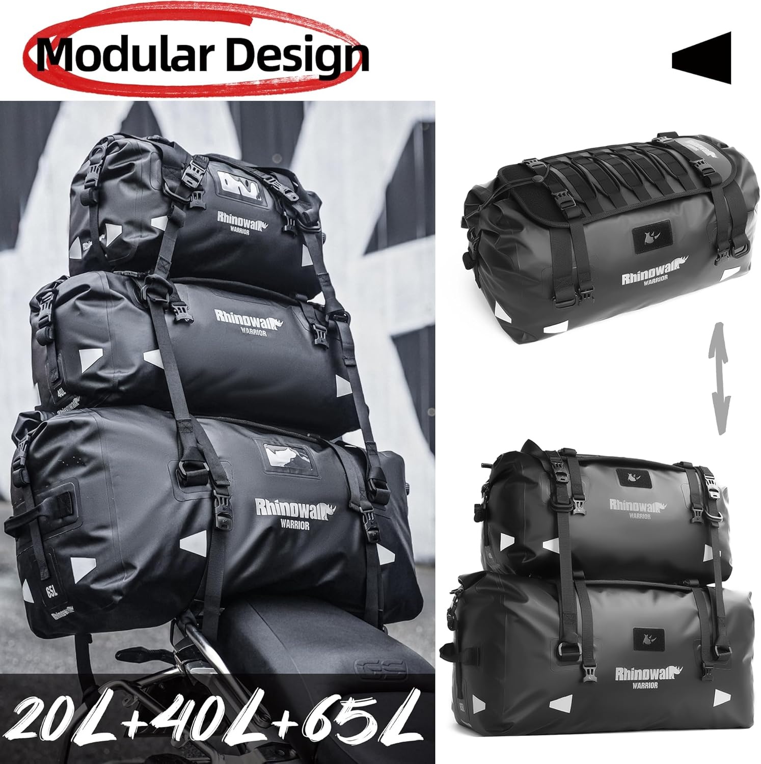 Rhinowalk Motorfiets Achtertas, waterdichte Duffle Droogzak Motorreisgepäck met grote opbergruimte voor Camping, Bootvaren, Fietsen, 60L-Zwart