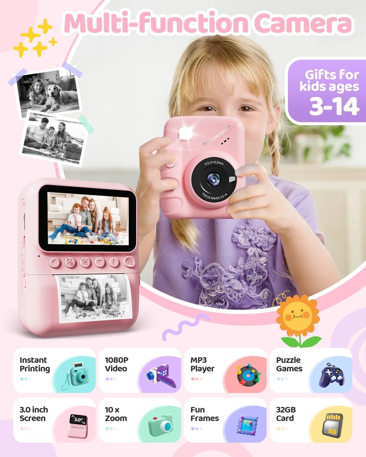 Kinder Instant Camera - Direct Print - Roze - 57% Korting