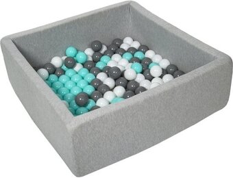 Ballenbak - stevige ballenbad - 90x90 cm - 150 ballen Ø 7 cm - wit, grijs, turquoise.