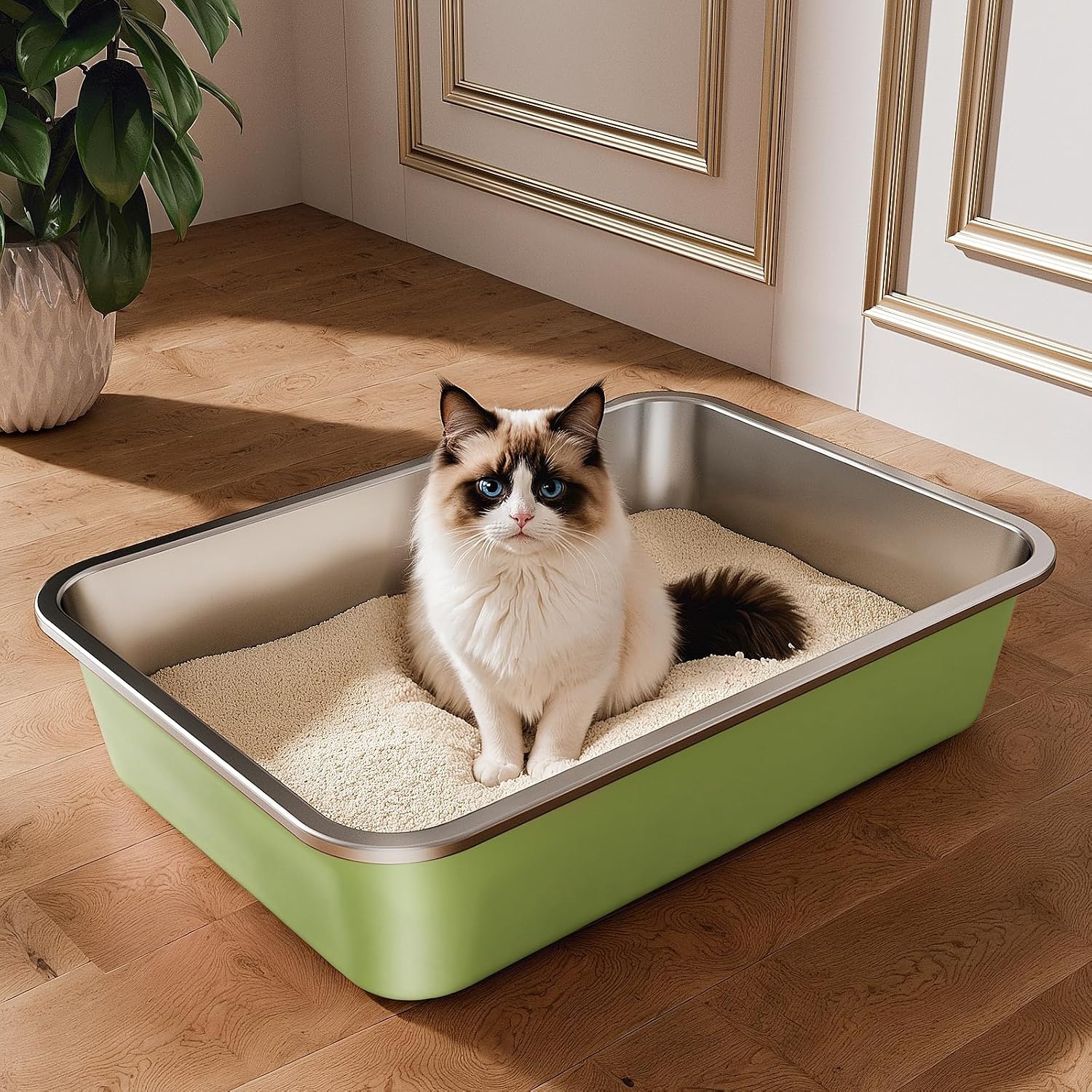 Grote Kattenbak van Roestvrij Staal, Open XXL Kattenbak, Metalen Kattenbakken voor Katten van Alle Maten en Konijnen, met Antiaanbaklaag, Geurvrij en Gemakkelijk Schoon te Maken, 60x40x20cm