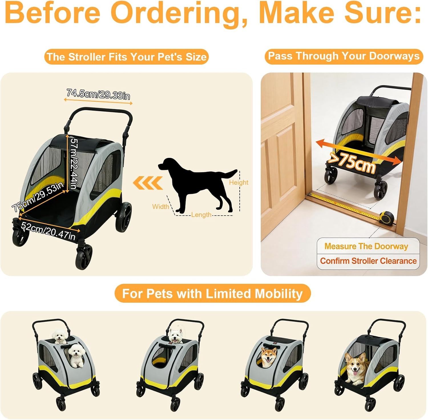 BingoPaw Hondenbuggy Maat L - Grijze en Gele Wandelwagen voor Grote Honden tot 42kg