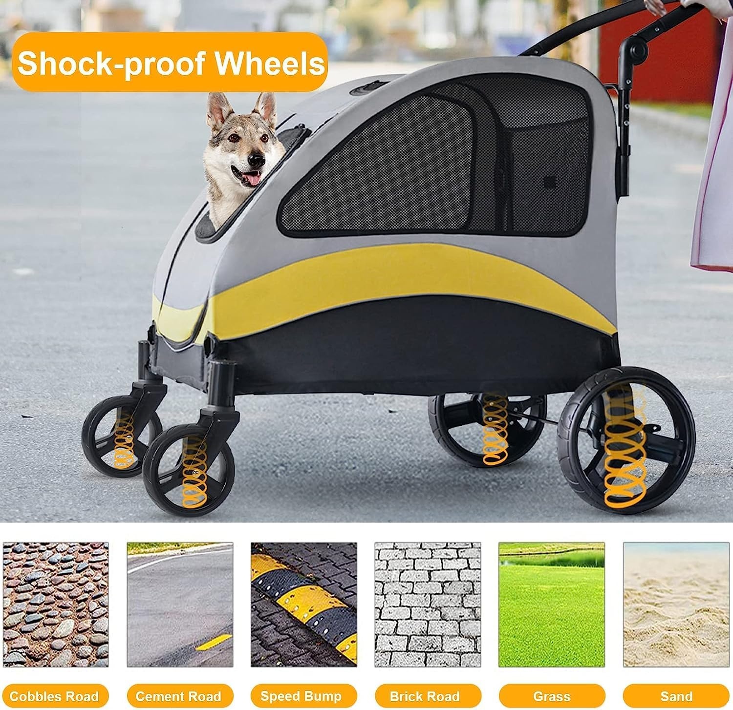 BingoPaw Hondenbuggy Maat L - Grijze en Gele Wandelwagen voor Grote Honden tot 42kg
