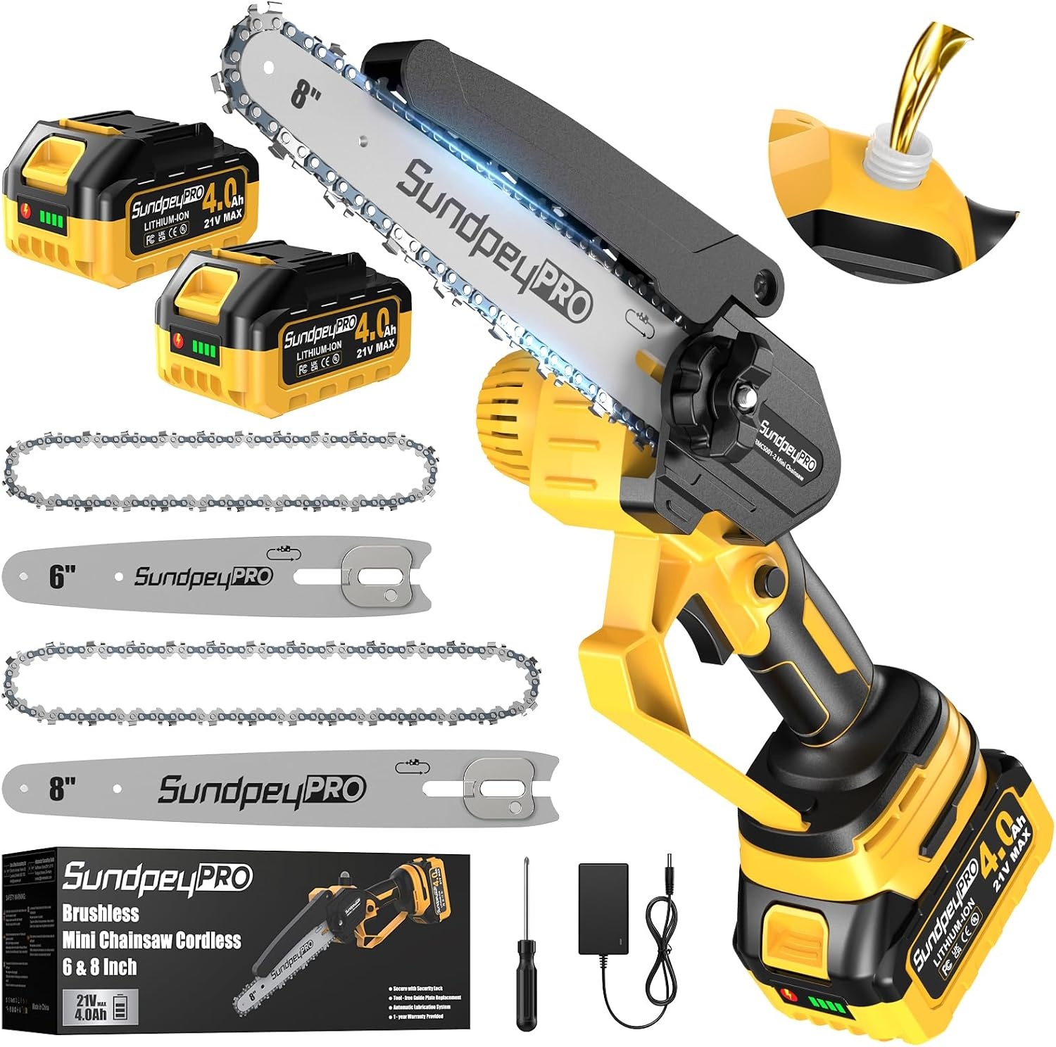 8 & 6 Inch Brushless Mini Chainsaw with Batteries 4.0 Ah x 2, Automatic Oil for Cutting Wood, Branches
