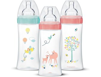 Dodie Meisjes set van 3 Anti-koliek Sensation Plus babyflessen, meisjes, 330 ml, +6 maanden, platte speen, debiet 3, pastelroze, 3 stuks (1 stuk)