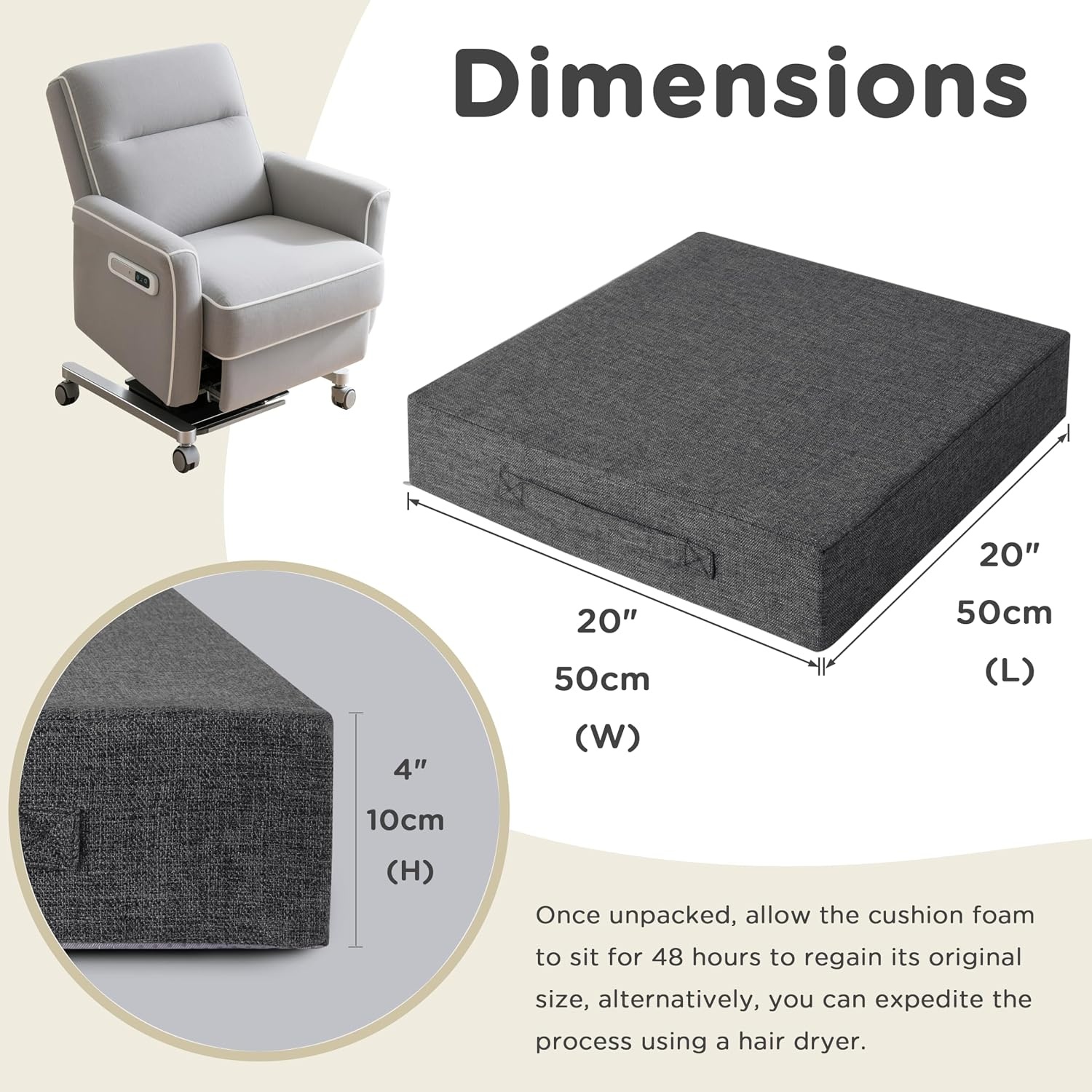AddGrace Dik zitkussen voor ouderen - 50 x 50 x 10 cm - stoelkussens met antislip achterkant en wasbare hoes voor bank, fauteuilstoelen, donkergrijs