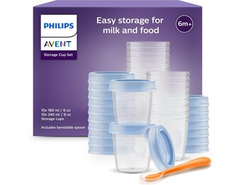 Philips Avent SCF721/20 Bewaarbekers Voor Babyvoeding, Met Lekvrij Deksel, Makkelijk Mee Te Nemen, Stapelbaar - BPA-Vrij, Transparant/Blauw, Verpakking Van 20 (10 x 180 ml en 10 x 240 ml)