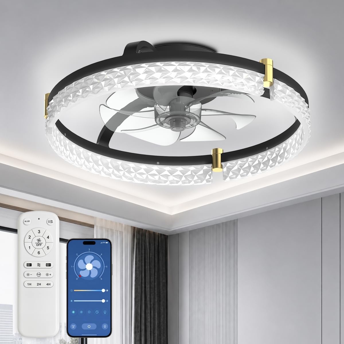 Airwit 48cm Silent Ceiling Fan with Light and Remote Control, Modern Round Ceiling Fans with Built-in Lamp, Dimmable Ceiling Fan Bedroom with Reversible DC Motor