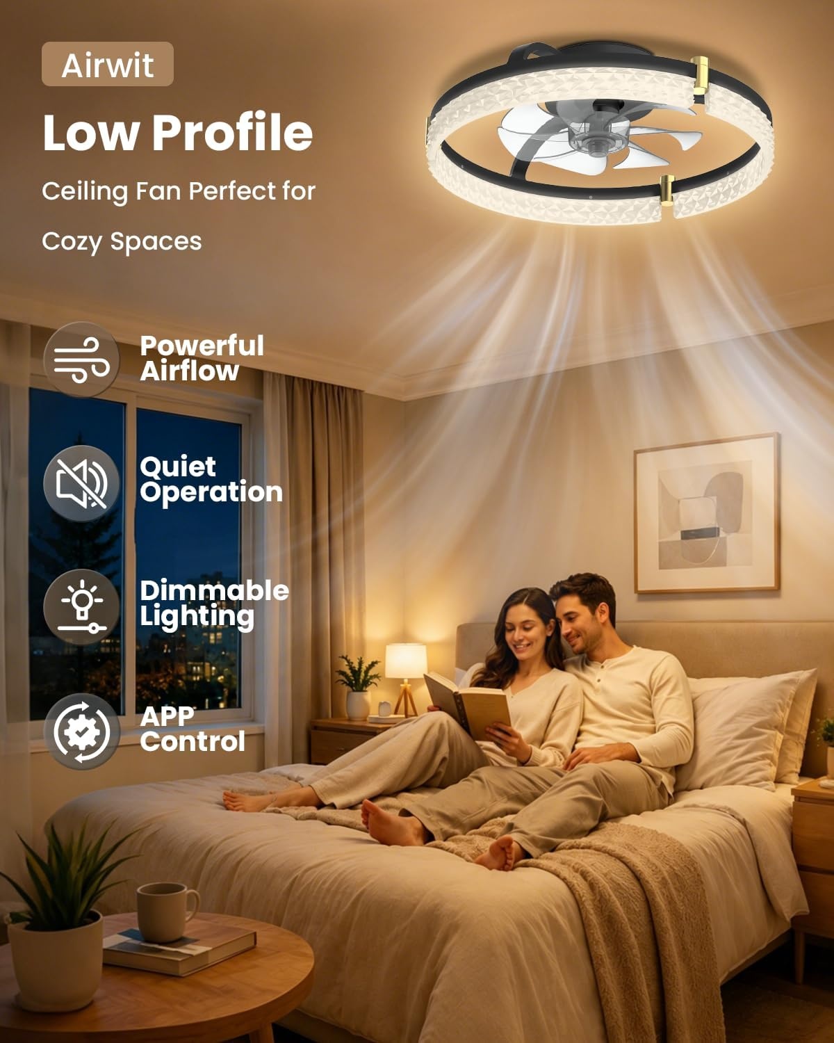 Airwit 48cm Silent Ceiling Fan with Light and Remote Control, Modern Round Ceiling Fans with Built-in Lamp, Dimmable Ceiling Fan Bedroom with Reversible DC Motor
