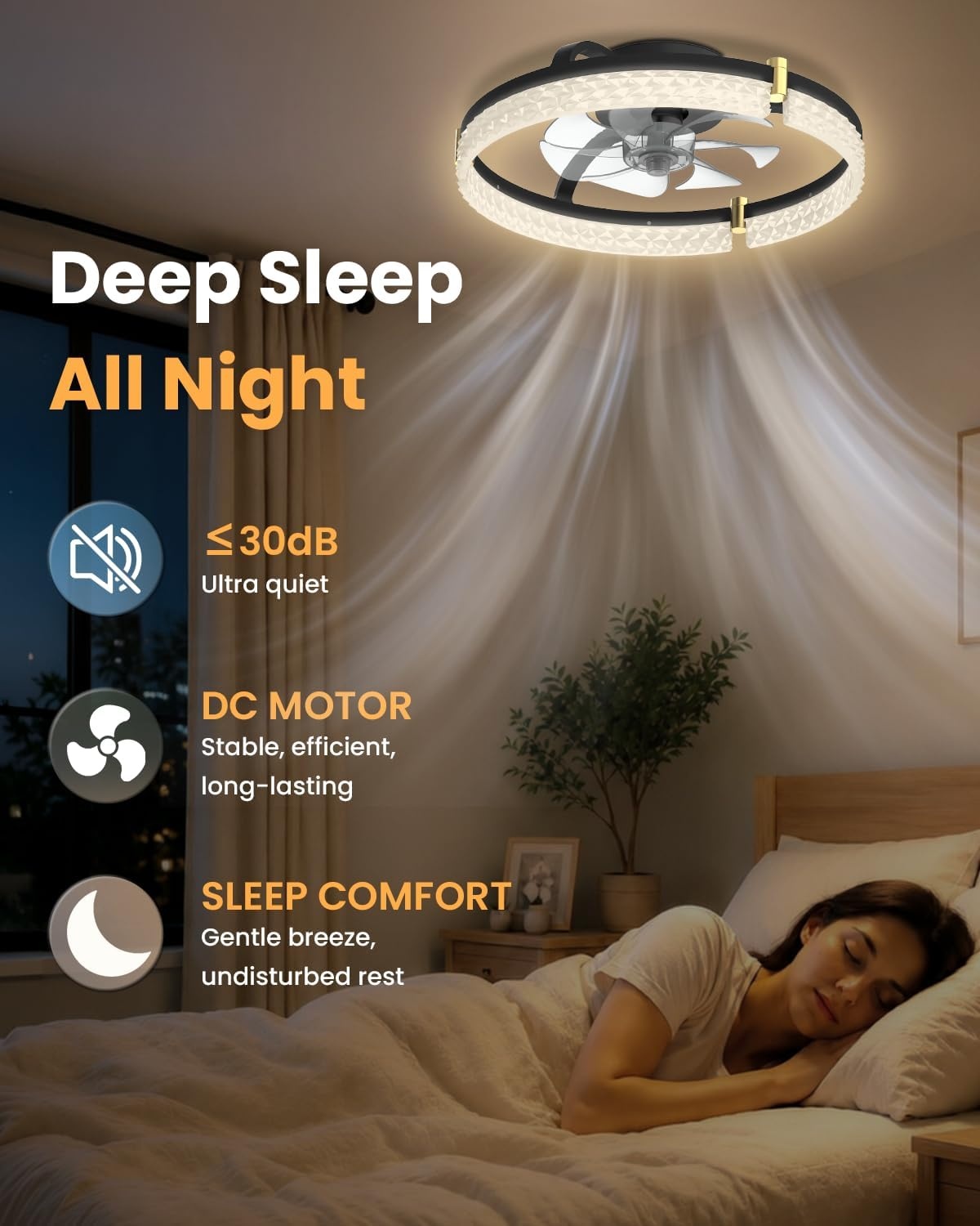 Airwit 48cm Silent Ceiling Fan with Light and Remote Control, Modern Round Ceiling Fans with Built-in Lamp, Dimmable Ceiling Fan Bedroom with Reversible DC Motor