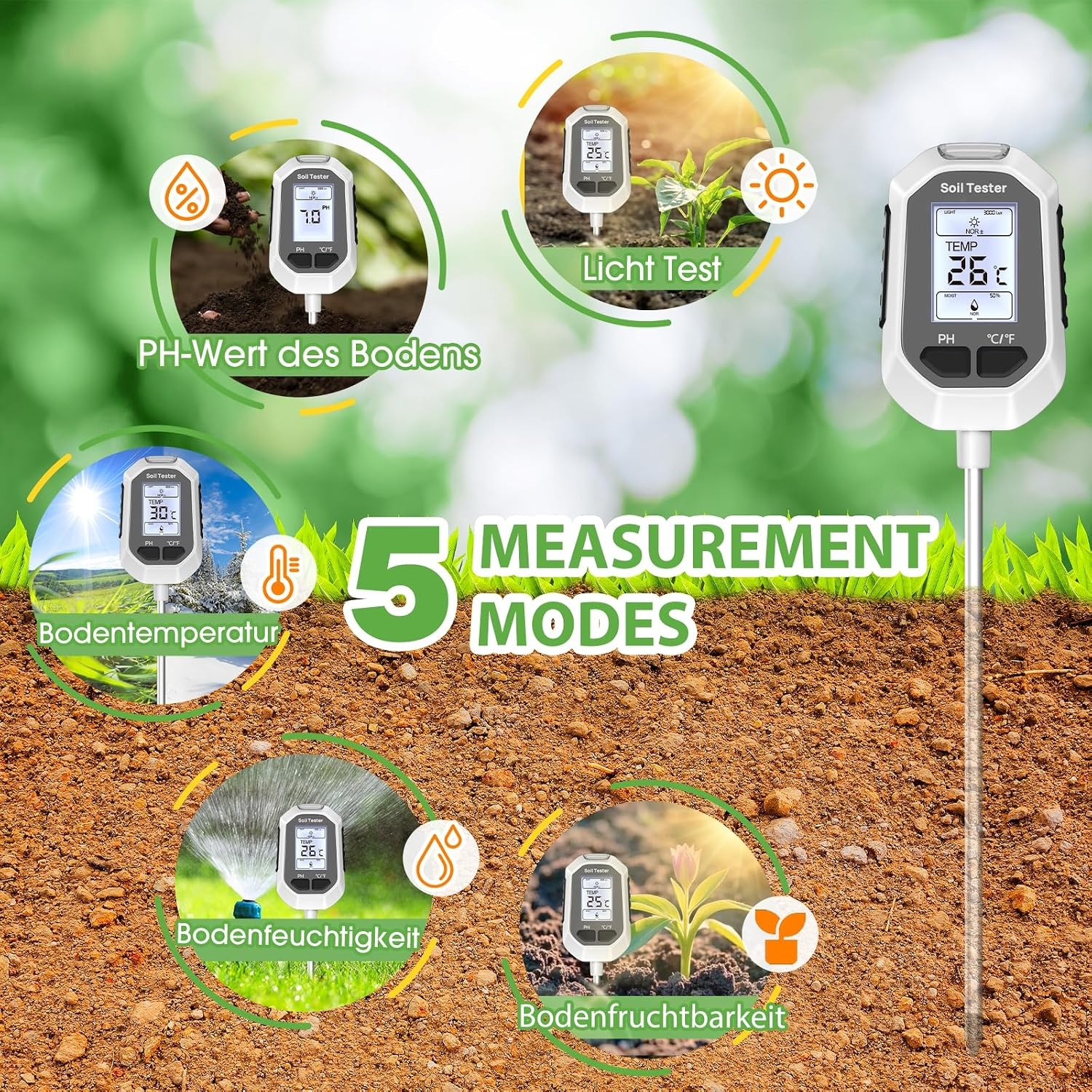 YAMRON pH-meter voor aarde, 5-in-1, digitale plantenmeter met pH-waarde/temperatuur/luchtvochtigheid/licht voor tuinieren, boerderij, gazon, landbouw en buitenplanten