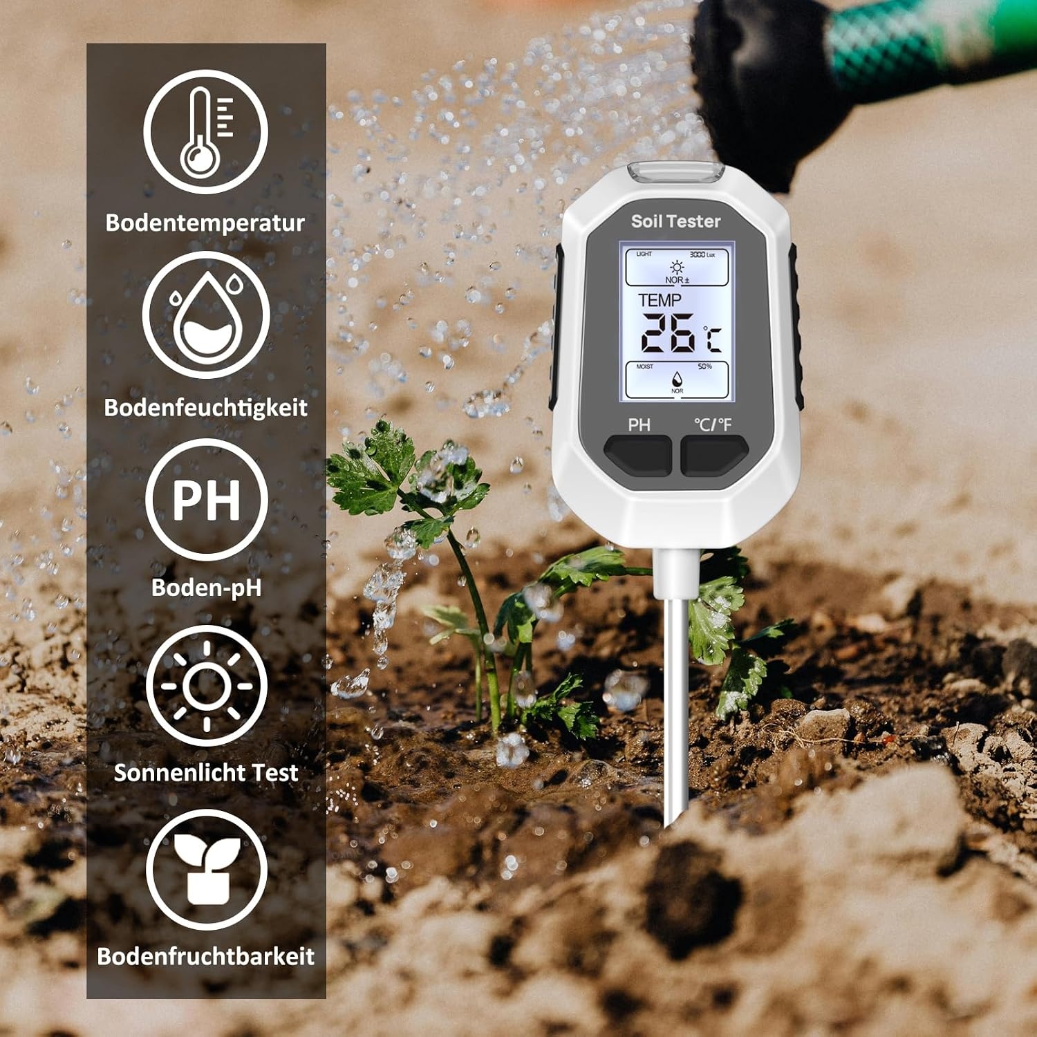 Digitale Bodemmeter 5-in-1: pH, Vocht, Temperatuur, Licht & Vruchtbaarheid - 28% Korting!