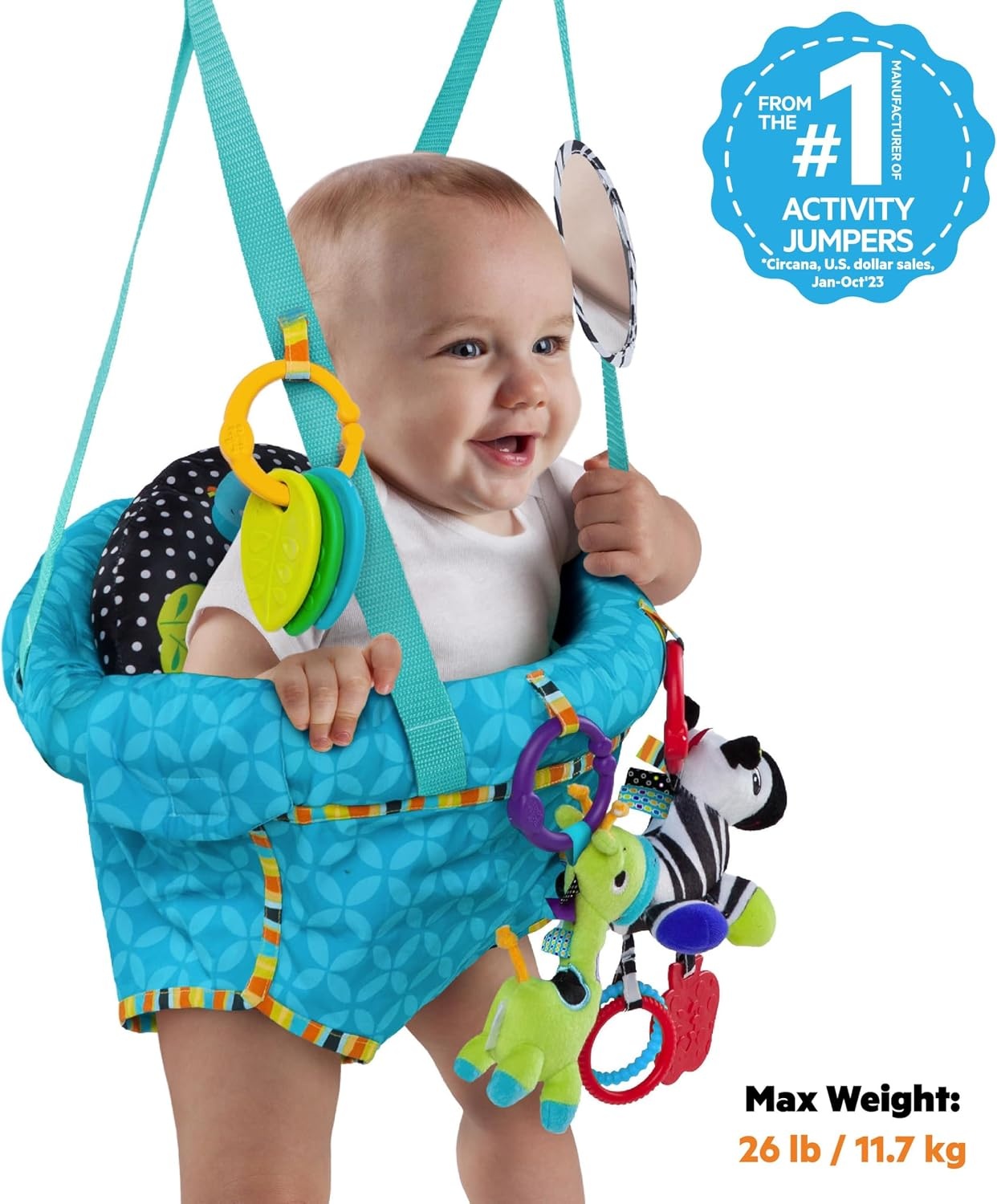 Bright Starts, Door Jumper - Bouncer 'n Spring Deluxe with Padded Seat, Door Clamp, Adjustable Strap, 4 Take-Along Toys, Ages 6 Months +
