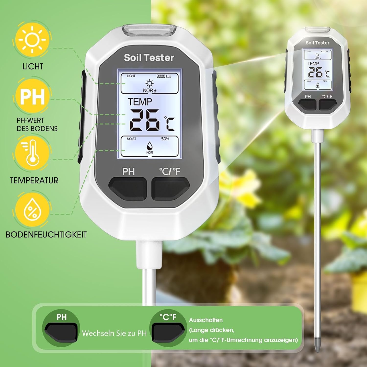 Digitale Bodemmeter 4-in-1 - Meet pH, Vochtigheid, Licht & Temperatuur - 55% Korting!