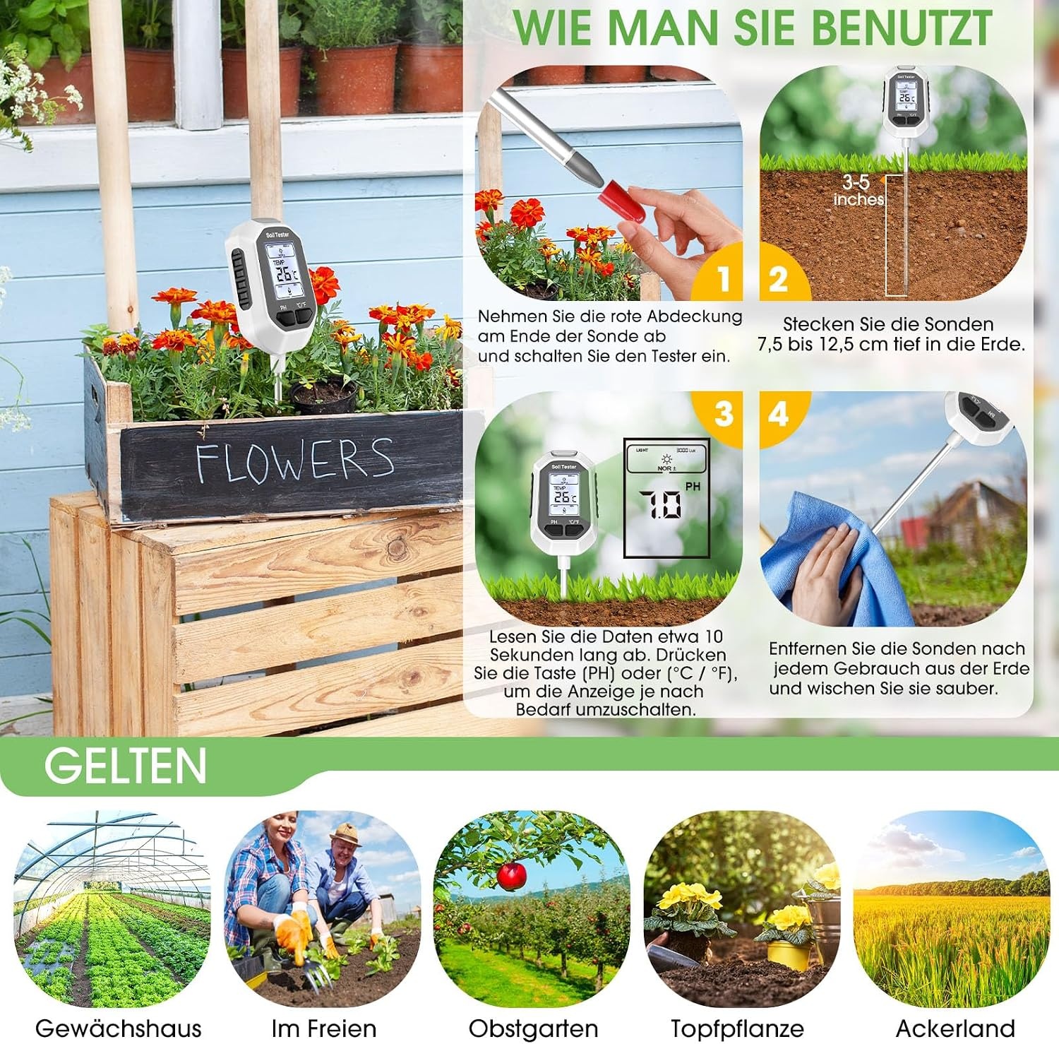 Digitale Bodemmeter 4-in-1 - Meet pH, Vochtigheid, Licht & Temperatuur - 55% Korting!