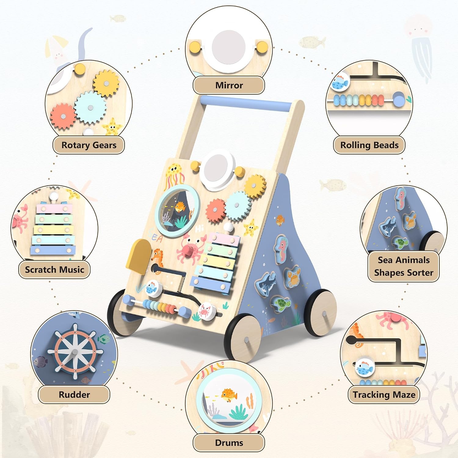 Houten Loopwagen Oceaan Thema Baby - Montessori Speelgoed met Korting!