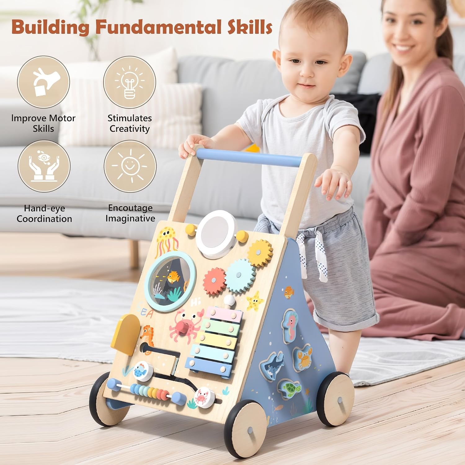 Houten Loopwagen Oceaan Thema Baby - Montessori Speelgoed met Korting!