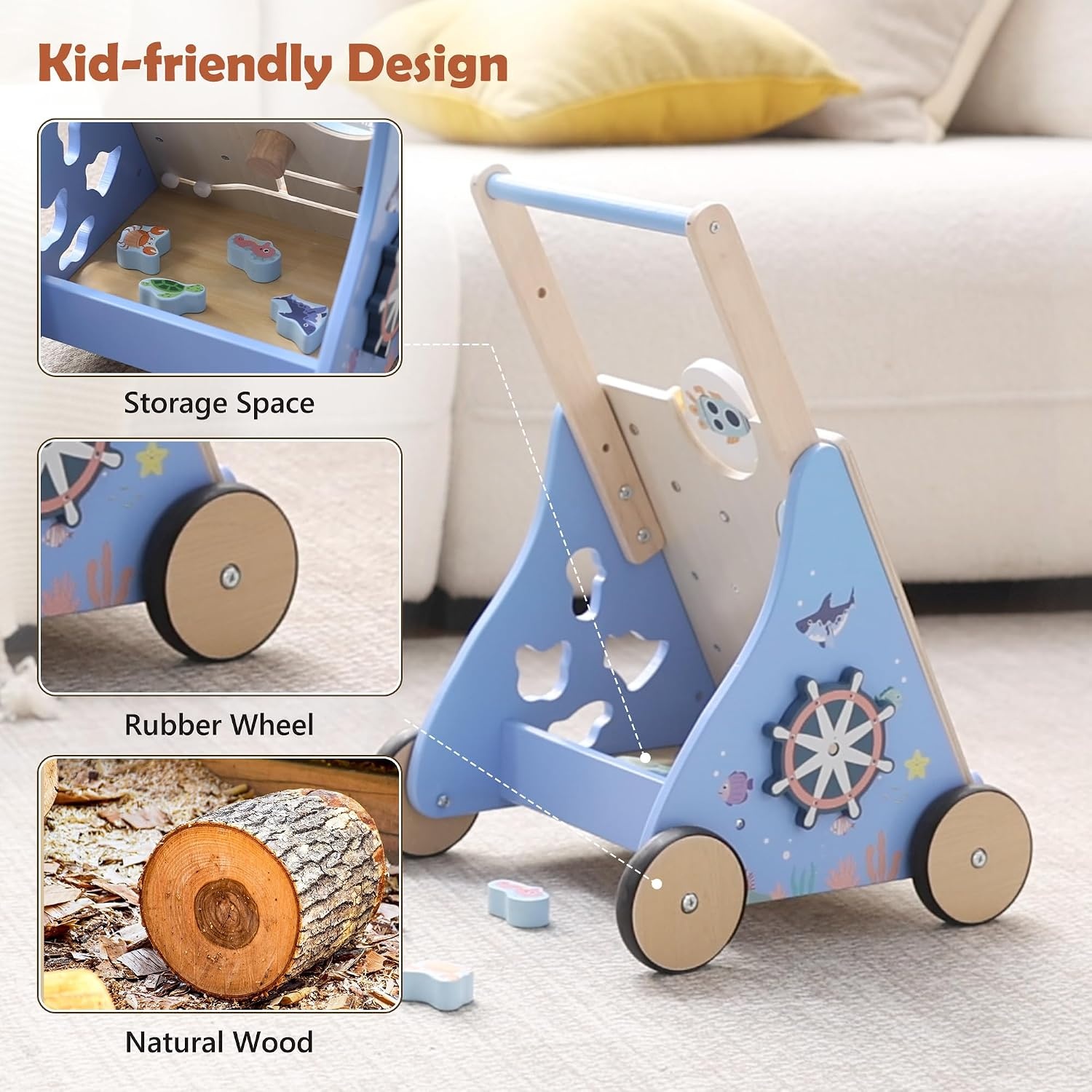 Houten Loopwagen Oceaan Thema Baby - Montessori Speelgoed met Korting!
