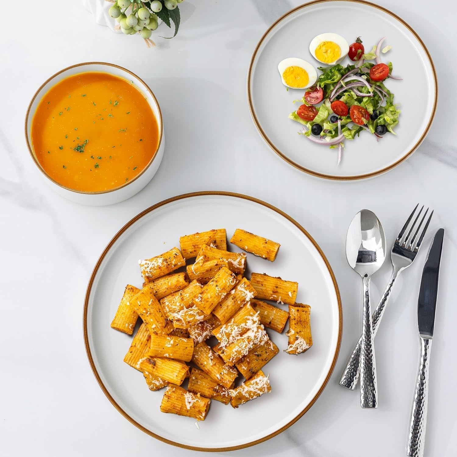 18-Delig Aardewerk Servies - Parelwit met Bruine Rand - 29% Korting
