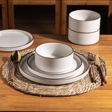 18-Delig Aardewerk Servies - Parelwit met Bruine Rand - 29% Korting