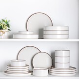 18-Delig Aardewerk Servies - Parelwit met Bruine Rand - 29% Korting