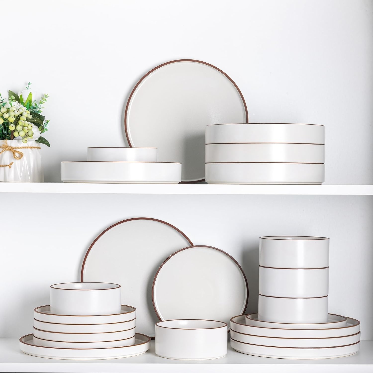 18-Delig Aardewerk Servies - Parelwit met Bruine Rand - 29% Korting