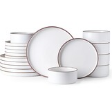18-Delig Aardewerk Servies - Parelwit met Bruine Rand - 29% Korting