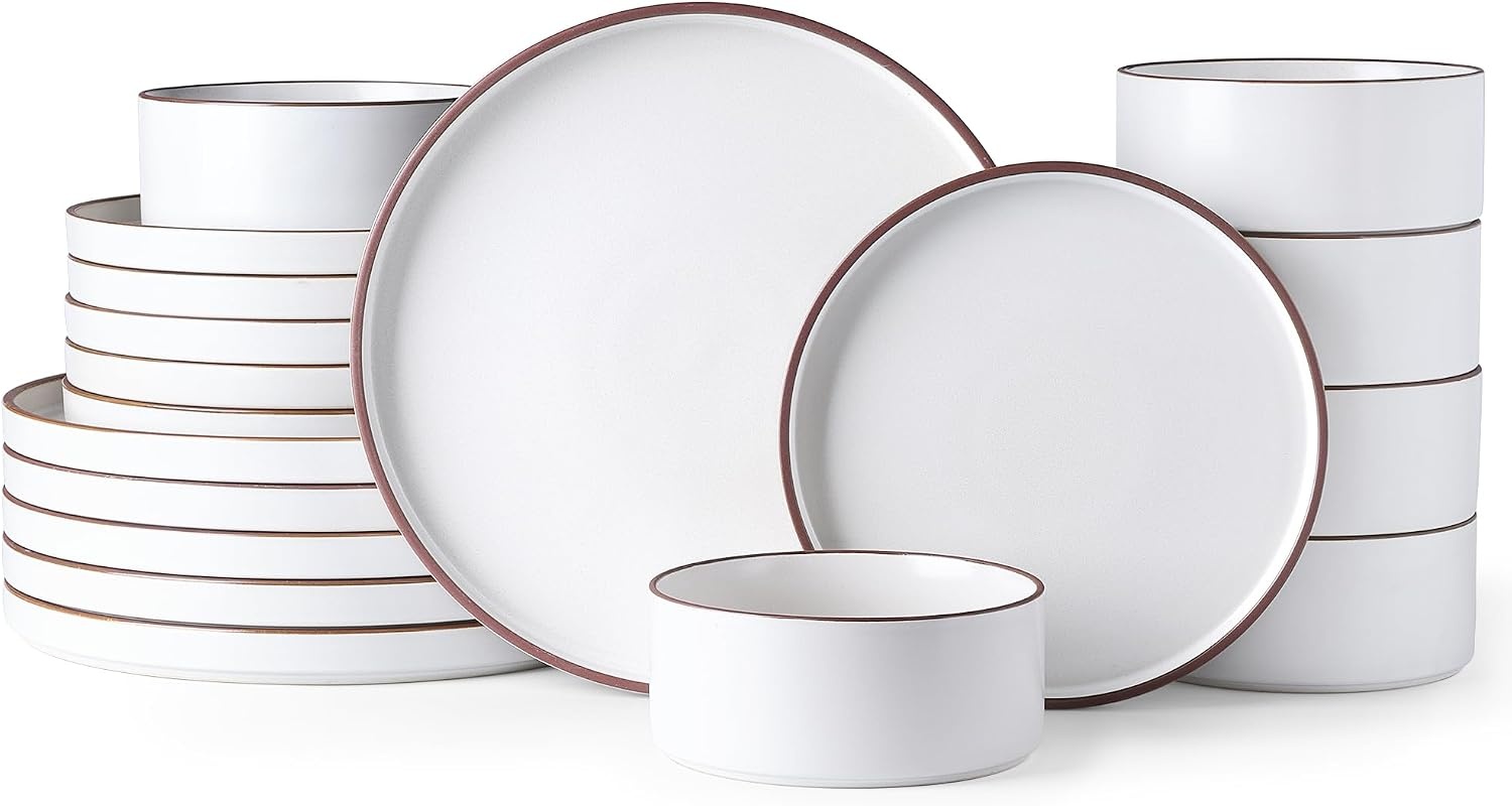 18-Delig Aardewerk Servies - Parelwit met Bruine Rand - 29% Korting