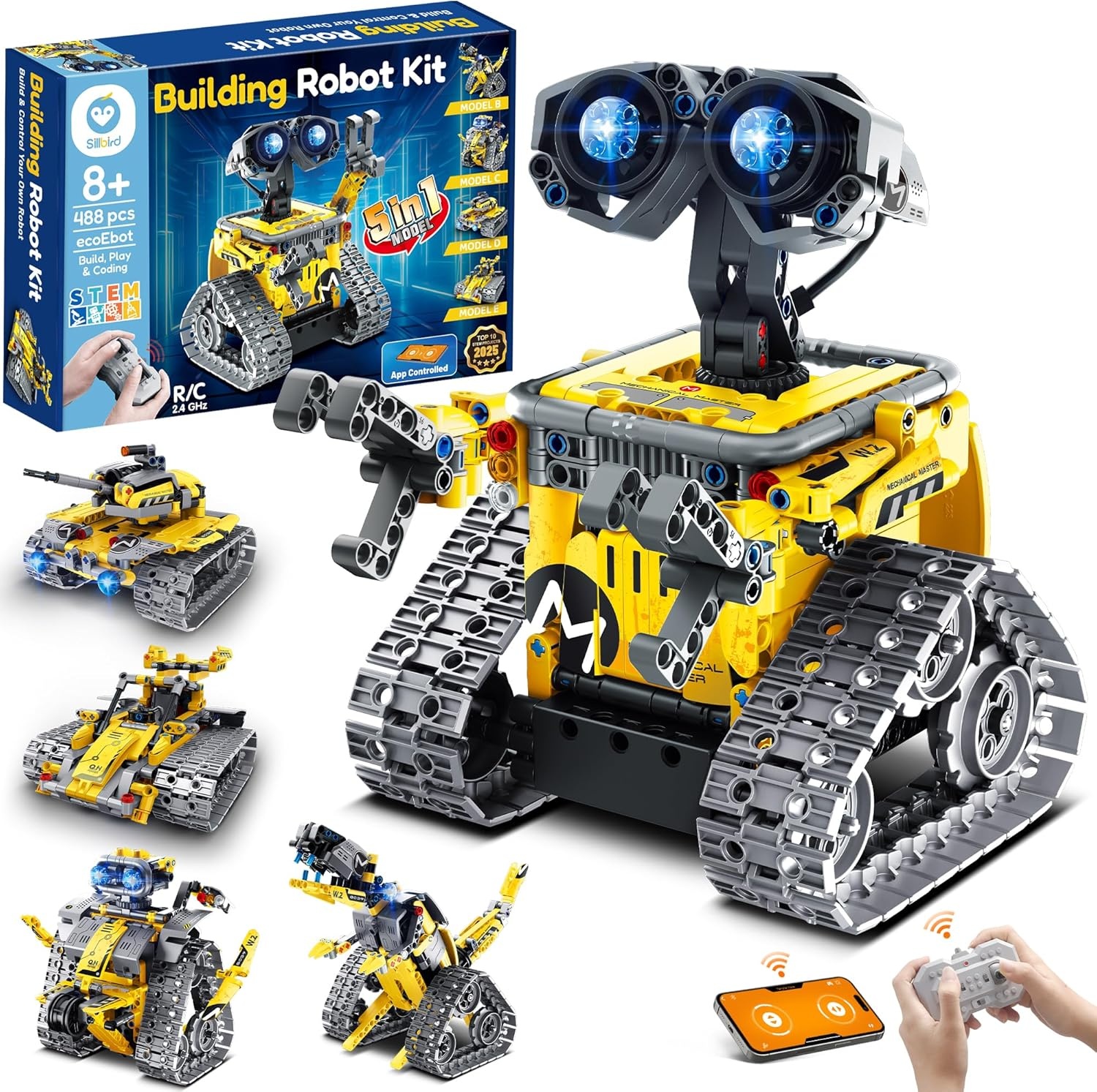 Sillbird Robot voor kinderen, voor jongens, 5-in-1 robotset met app-afstandsbediening, muur/technische robot/Mech dinosaurus, programmeerbaar bouwspeelgoed, creatief verjaardagscadeau
