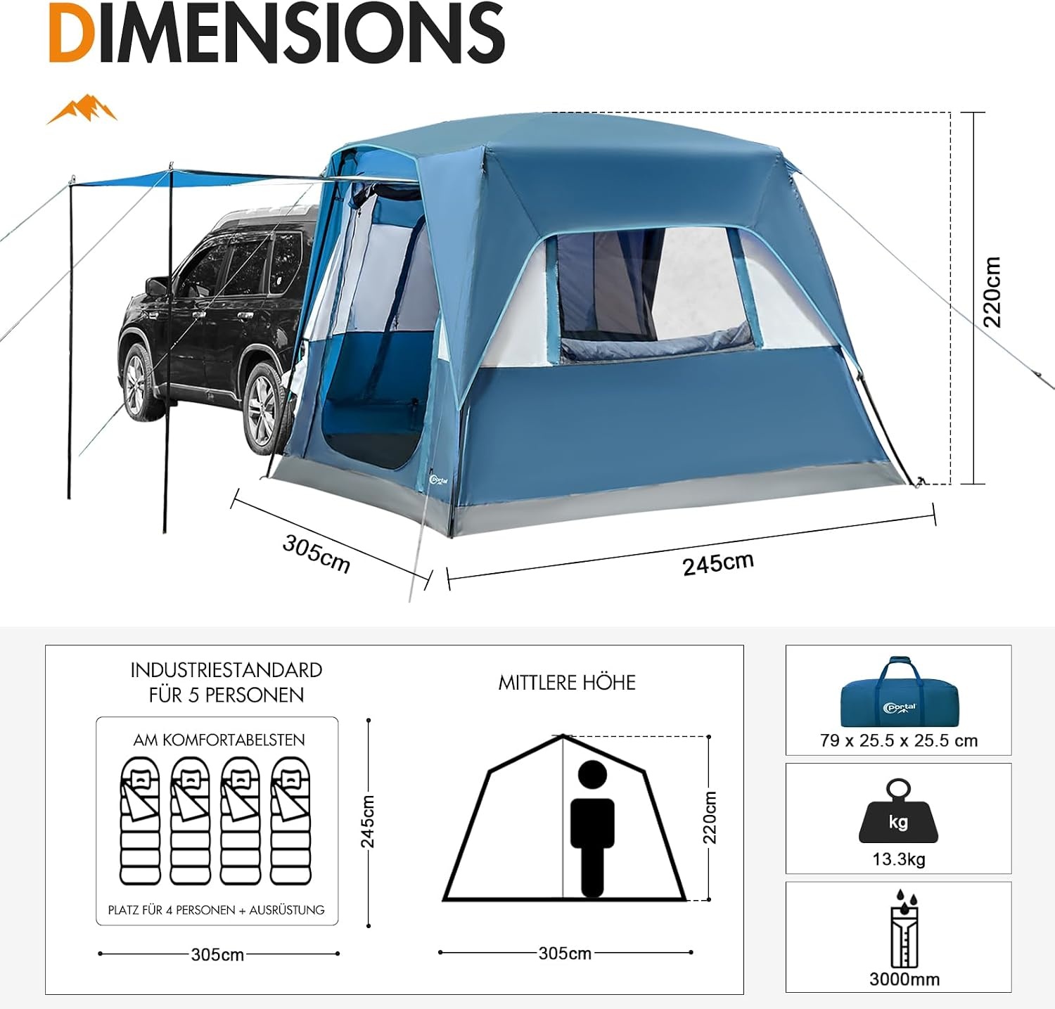 PORTAL SUV-tent voor 5 personen met veranda, 2-in-1 kampeertent, waterafstotend en winddicht, koffertent met 2 deuren voor reizen en outdoor-avonturen