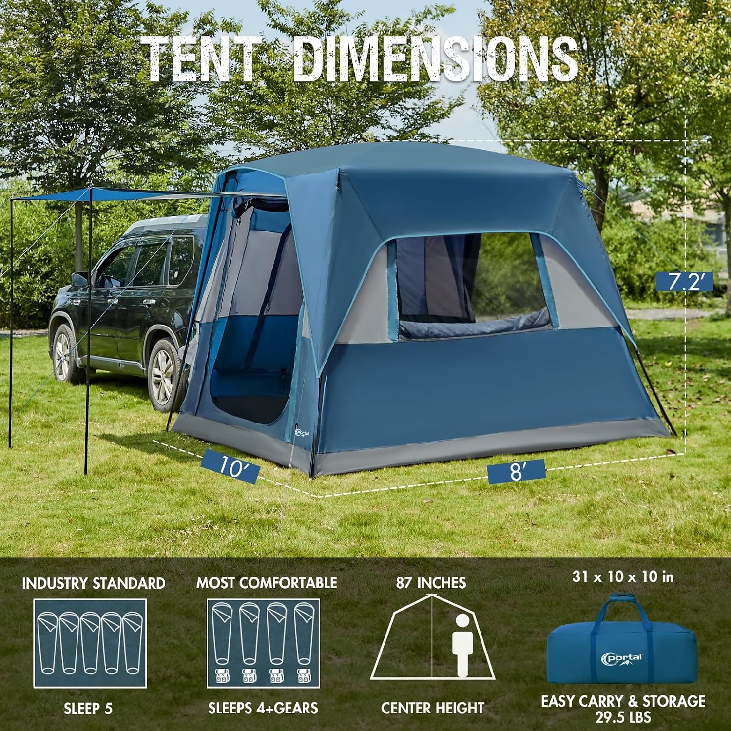 PORTAL SUV-tent voor 5 personen met veranda, 2-in-1 kampeertent, waterafstotend en winddicht, koffertent met 2 deuren voor reizen en outdoor-avonturen