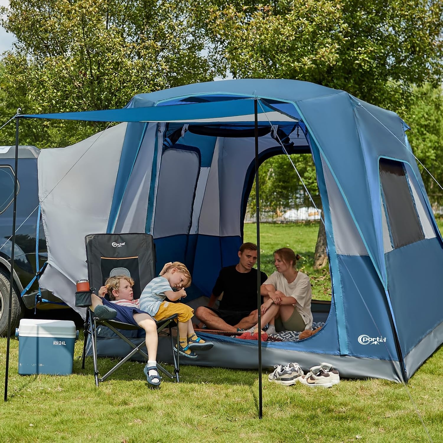 PORTAL SUV-tent voor 5 personen met veranda, 2-in-1 kampeertent, waterafstotend en winddicht, koffertent met 2 deuren voor reizen en outdoor-avonturen