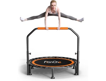 FitinOne Foldable Mini Trampoline Load 204 kg, Portable Exercise Trampoline with Adjustable Foam Handle, Fitness Trampoline for Adults and Children